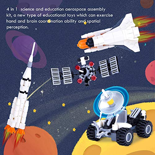 KWANITHINK Space Building Block Toys for Kids, 4 in 1 Space Construction Toys with Rocket, Satellite Lunar Lander and Astronaut, STEM Educational Toys for Boys and Girls