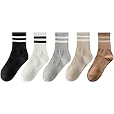 KYINSPORT 5 Pairs Womens Striped Crew Socks, Cotton Cozy Casual Socks for Women,Breathable Cool,Size 5-10