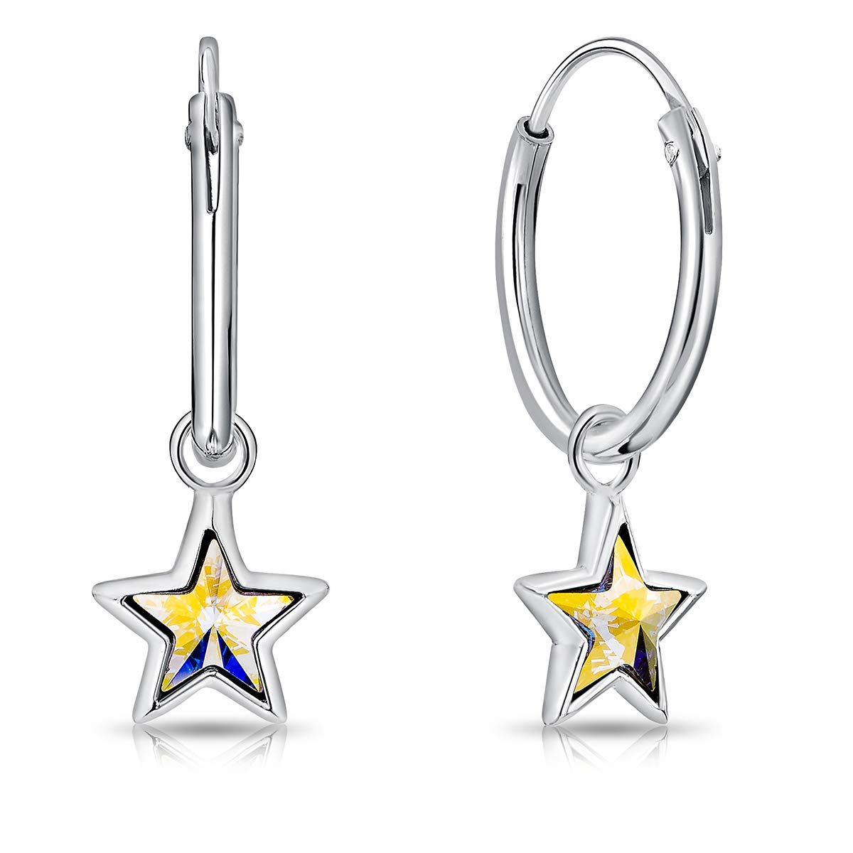 DTPsilver® 925 Sterling Silver SMALL Hoops and 5 mm Dangling Crystal Star Earrings - Thickness: 1.5 mm - Hoops Diameter: 14 mm - Aurore Borealis