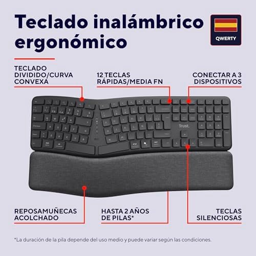 Arvia Teclado Ergonómico Inalámbrico QWERTY Español, Negro