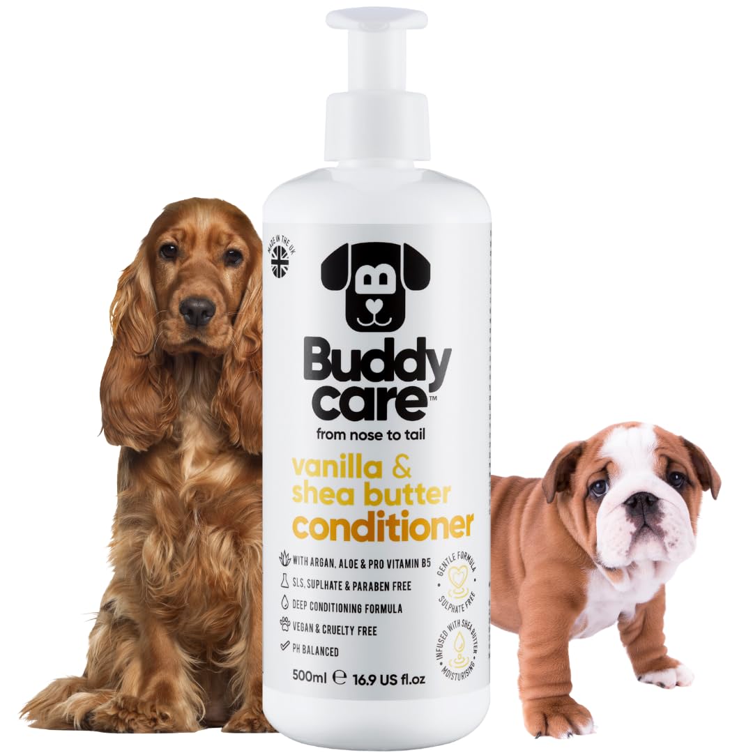 Buddycare Vanilla & Shea Butter Dog Conditioner (500ml) Aloe Vera, Argan Oil & Pro Vitamin B5 to Detangle Matted Coats & Relieve Sensitive & Itchy Skin, Suitable for Puppies from 8 Weeks, Vegan
