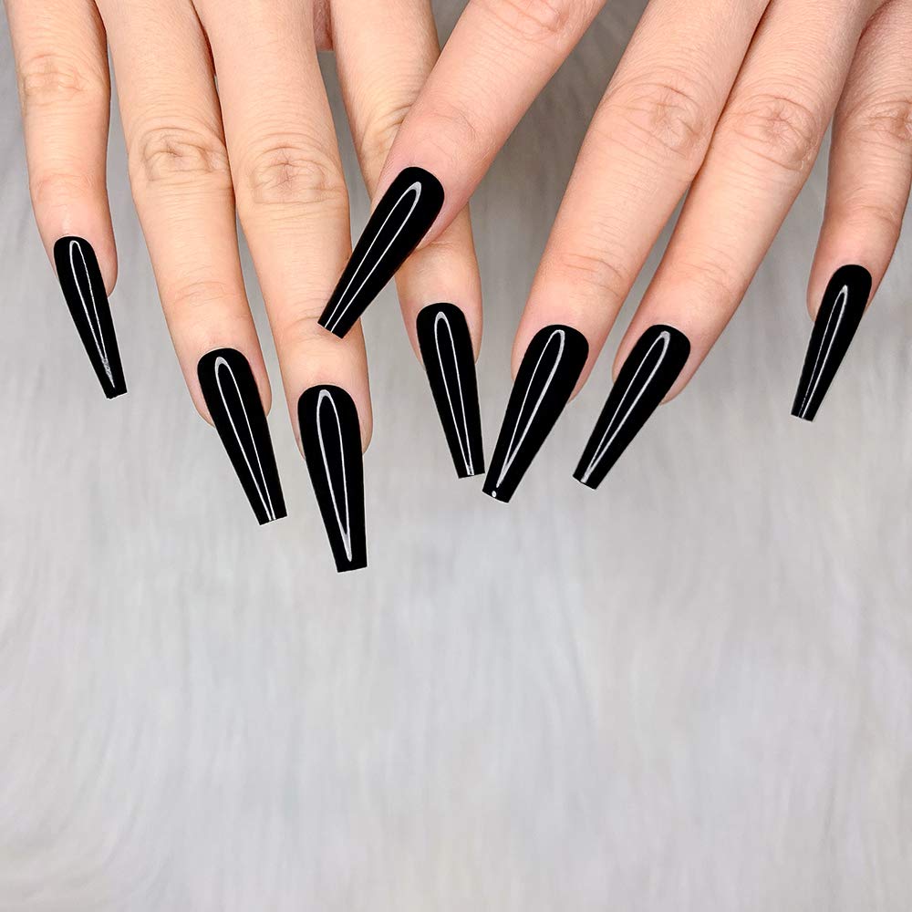 Artquee 24pcs Black Pure Color Ballerina Long Coffin Glossy Fake Nails Press on Nail False Tips Manicure for Women - Image 4