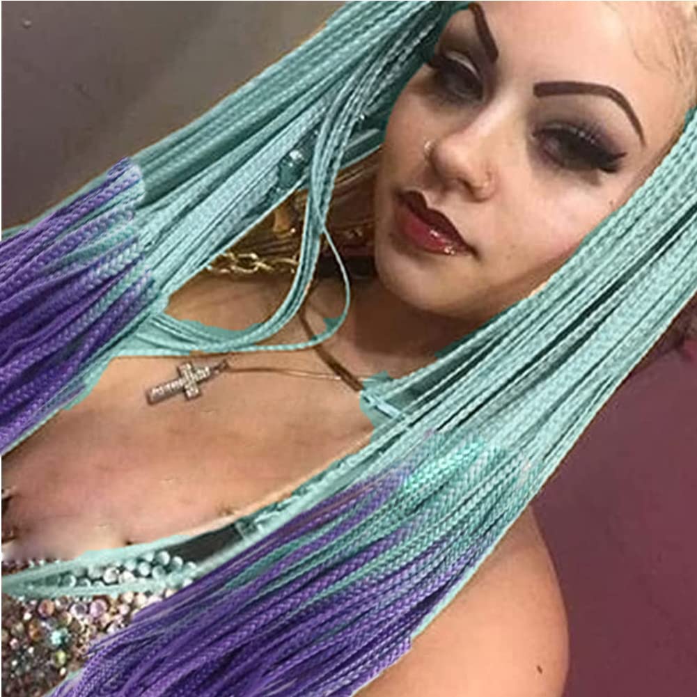 AFBeauty Green Purple Braids Wig Long Synthetic Mint Green Omber Purple Micro Braided Lace Front Wig Heat Resistance Fiber Afro Braids for Women 26 Inch