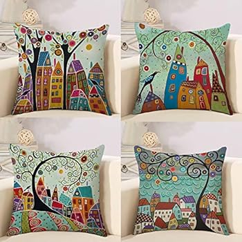 Pack of 4,Sofa Pillow Covers Green 18x18 inches Decorative Square Throw Pillow Cover Cushion Covers Pillow case, Home Decor Decorations for Sofa Couch Bed Chair Car (Building 4 Pack)