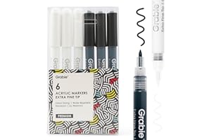 Grabie Black & White Extra Fine Tip Acrylic Paint Marker Set, 6 Pack, 0.7mm Acrylic Paint Pens for Highlights and Fine Details on Drawings, Rock Painting Glass Canvas Wood, White Highlight Markers