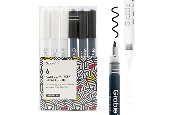 Grabie Black & White Extra Fine Tip Acrylic Paint Marker Set, 6 Pack, 0.7mm Acrylic Paint Pens for Highlights and Fine Detail