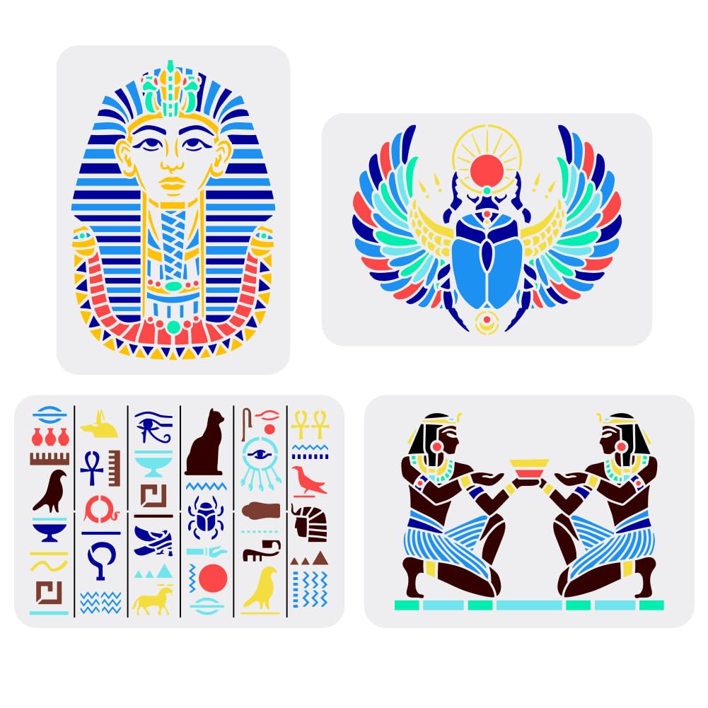 FINGERINSPIRE 4 Pcs Egypt Painting Stencil 21x29.7cm Egyptian Writing Egypt Pharaoh Drawing Template Scarab Tutankhamun Masque Egyptian Symbol Stencil for Painting on Wood Wall Fabric Furniture