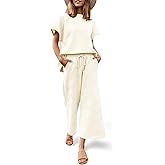 Fazortev Womens 2 Piece Outfits Sweatsuit Short Sleeve Tops and Drawstring Waist Cropped Wide Leg Pants Loungewear Sets