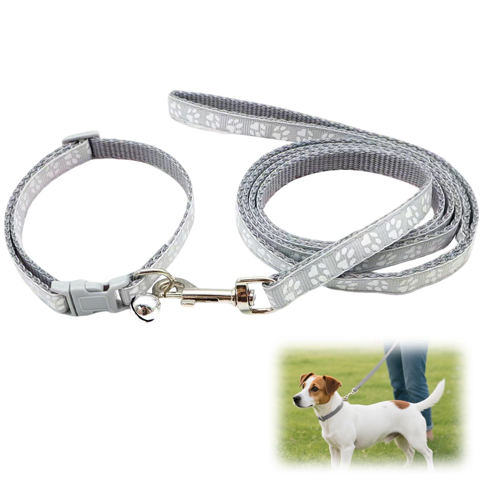 Small Dog Puppy Pet Cat Kitten Collar and Lead Set Pawprint Design Nylon with Bell Adjustable Quick Release Clip Leash Light Grey