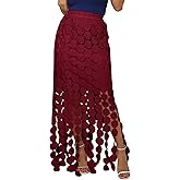 Kissonic Womens Long Fringe Maxi Skirt Summer Hollow Out Boho Elastic High Waist Skirt