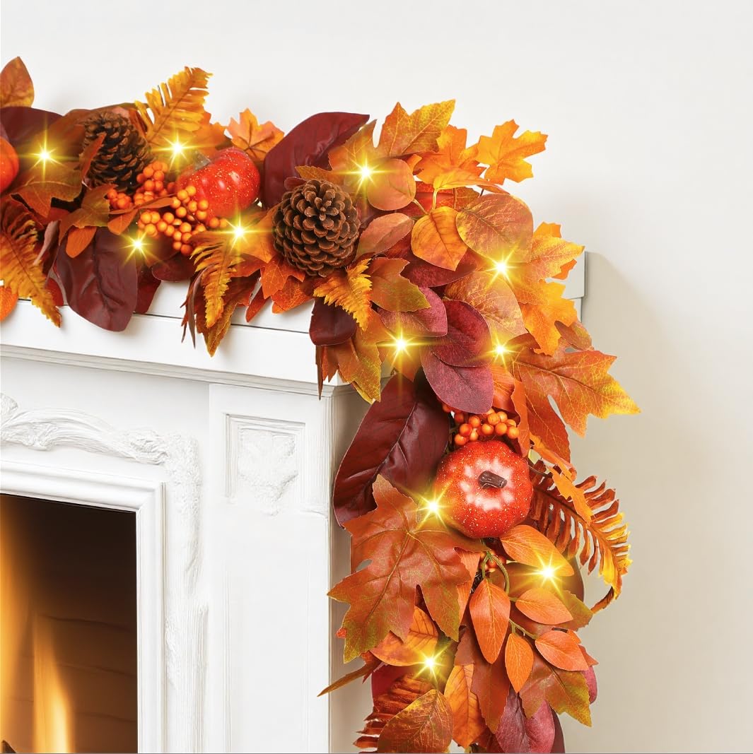 Photo 1 of SHareconn 6ft Fall Garland with Lights, Autumn Leaves Garland with Realistic Pumpkins, Thanksgiving Christmas Decorations for Mantle Home Wedding Table Porch Indoor Outdoor, Orange, 6 FT