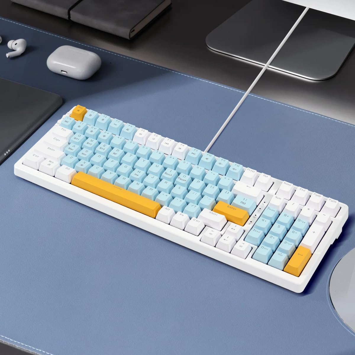 Merdia Wireless Mechanical Keyboard, Triple Mode 2.4G/USB-C/BT Gaming Keyboards 100 Keys Ice-Blue Backlit, Red Switch Keyboard | Rechargeable Mechanical Gaming Keyboards | Ice Blue/W/Y