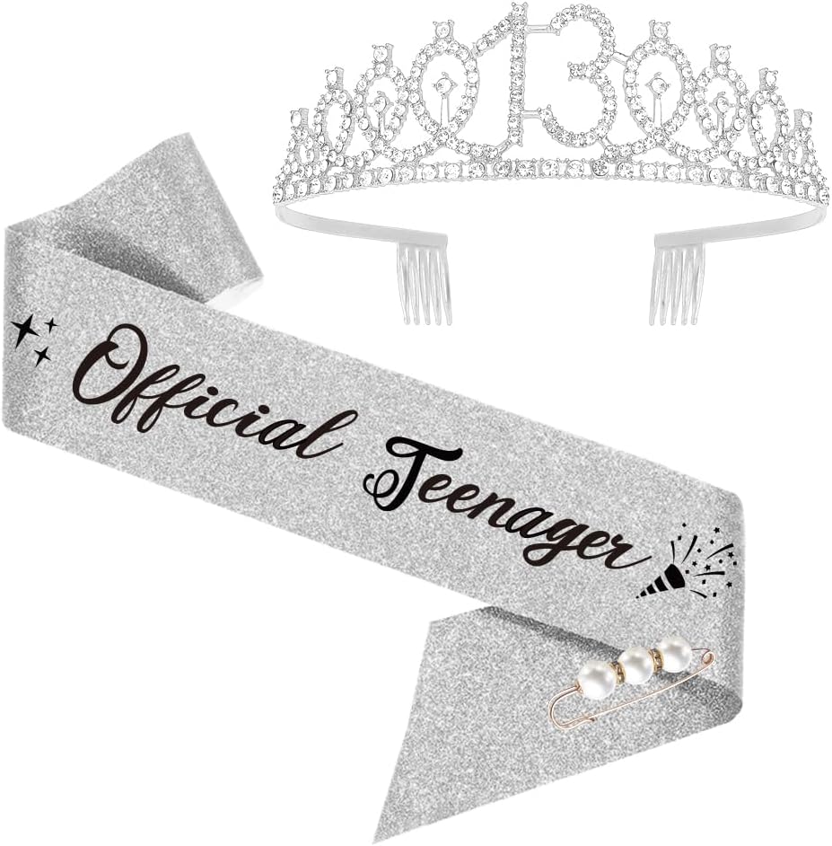 Moitkptt 13th Birthday Tiara Sash Silver Happy Birthday Crown Girls Gift