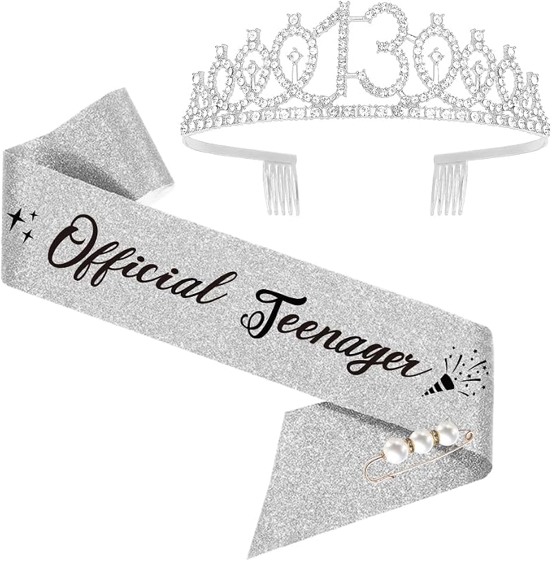 Moitkptt 13th Birthday Tiara Sash Silver Happy Birthday Crown Girls Gift