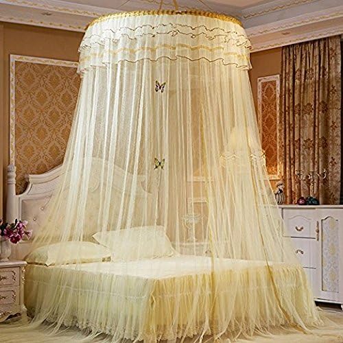 Round Princess Mosquito Net Canopy with Lace Dome Princess Fly Screen Netting Bug Screen Repellant for Home Travel (Yellow)