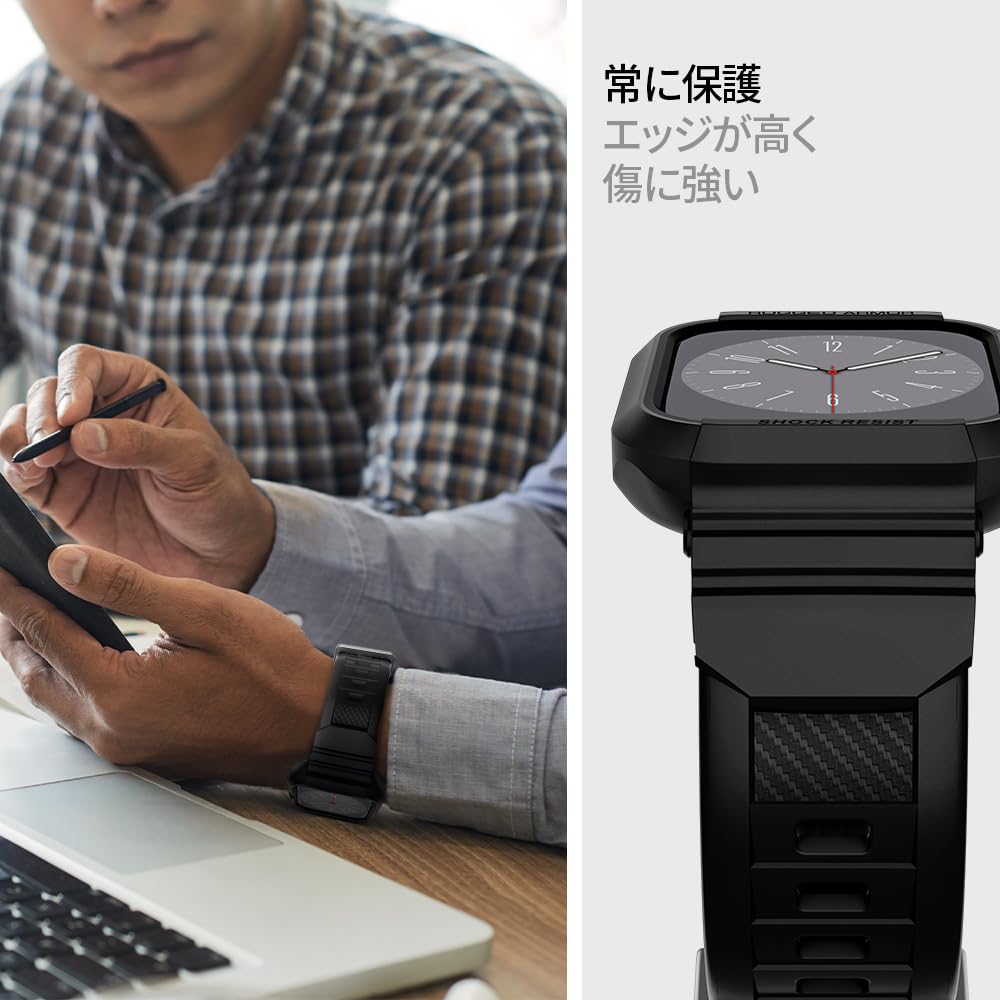 Spigen Apple Watch 45mm | 44mm 一体型 バンド ケース 【 Apple Watch 9 / 8 / 7 / SE2 / SE / 6 / 5 / 4 対応 】 カバー 耐衝撃 PC TPU 二重構造 スポーツバンド 落下 衝撃 吸収 耐久性 傷防止 ラギッド・アーマー・プロ 062CS25324 (ブラック)