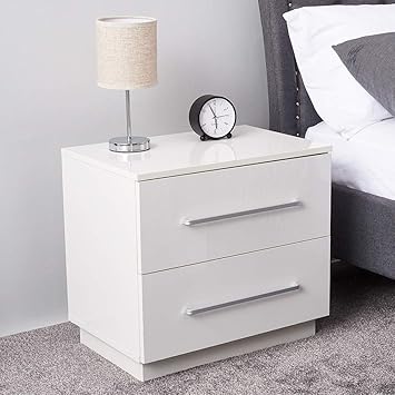Keinode Bedside Tables White High Gloss Front Led Storage Cabinet