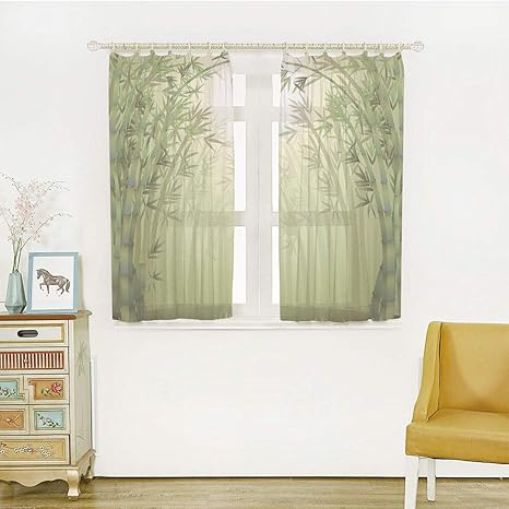 Amazon レースカーテン 子供の部屋 寝室居間 幅150cm 丈135cm 2枚組 竹 熱帯雨林の竹の木のイラスト極東の野生動物熱帯の自然スタイルの装飾装飾 緑 カーテン ブラインド オンライン通販