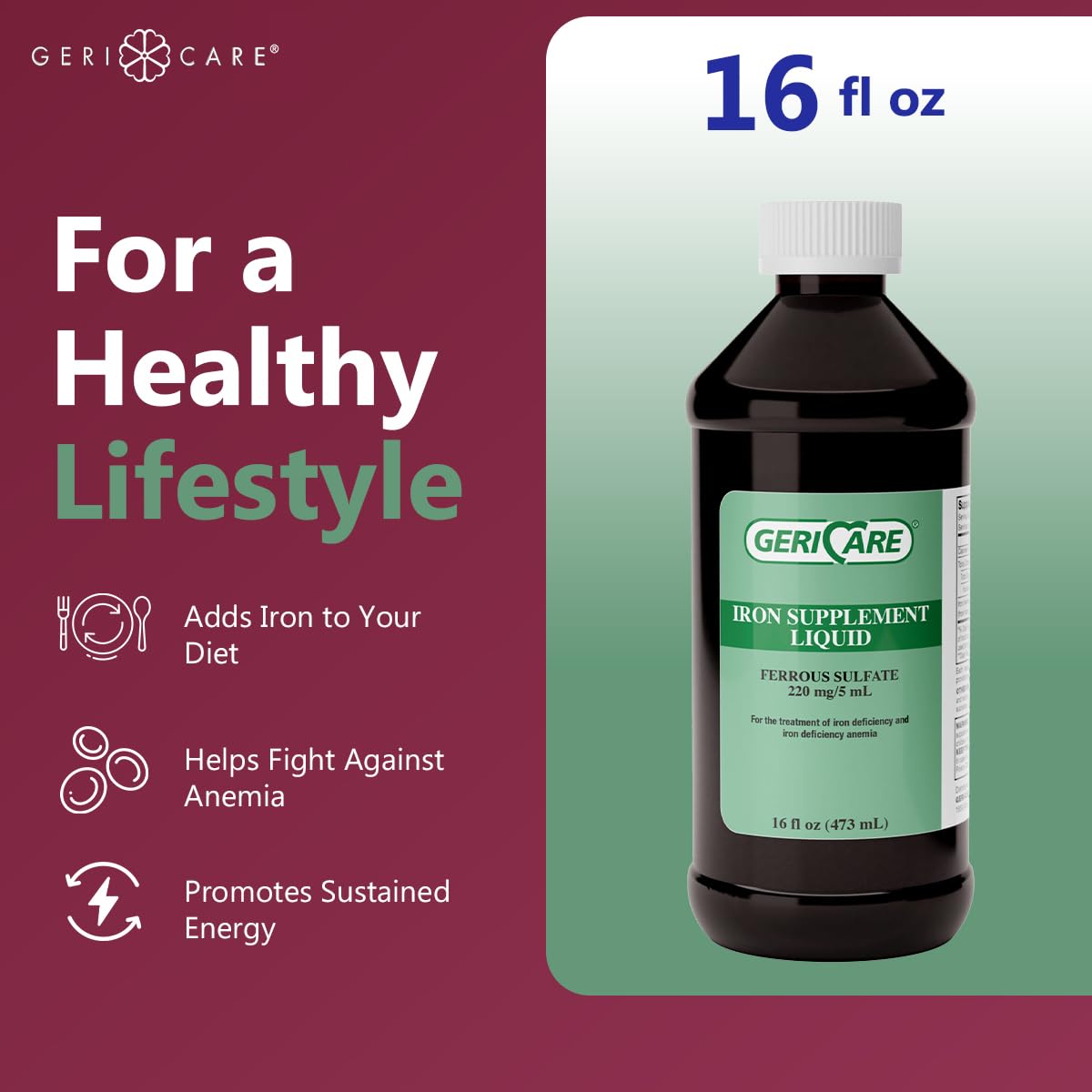 GeriCare 220 High Potency Liquid Iron Supplement | Liquid Iron for Adults | for Anemia and Iron Deficiency | 220mg of Iron Per 5mL Dose. (Pack of 1)