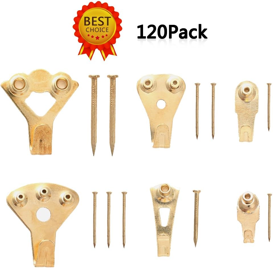 Top Picture Hangers,Yrmynail 120 Packs Golden Picture Photo Frame Hooks for Wall Mounting with Pin Nails,Heavy Duty Hanging Kit Supports 10-100 Lbs & Reduce damage to walls