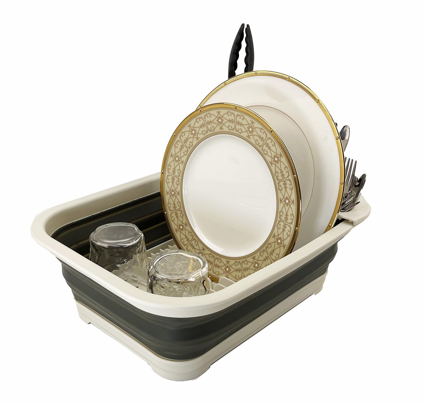 SAMMART Collapsible Plastic Dish Drainer with Drainer Board-Foldable Drying Rack Set-Portable Dinnerware Organizer-Space Saving Kitchen Storage Tray (Grey/Washed Black)