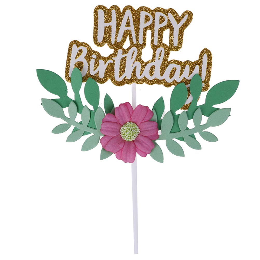 Haiabei 3 Pcs Flower Green Leaf Happy Birthday Cake Topper Cupcake