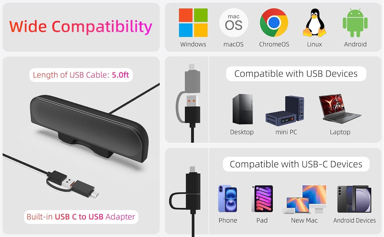 YsyYey USB Stereo Lautsprecher mit Monitor-Klemme, PC Soundbar mit Stereo-Sound, verstärktem Bass & 3 Tasten, Plug & Play, kompatibel mit Windows/macOS/Android – Homeoffice 5