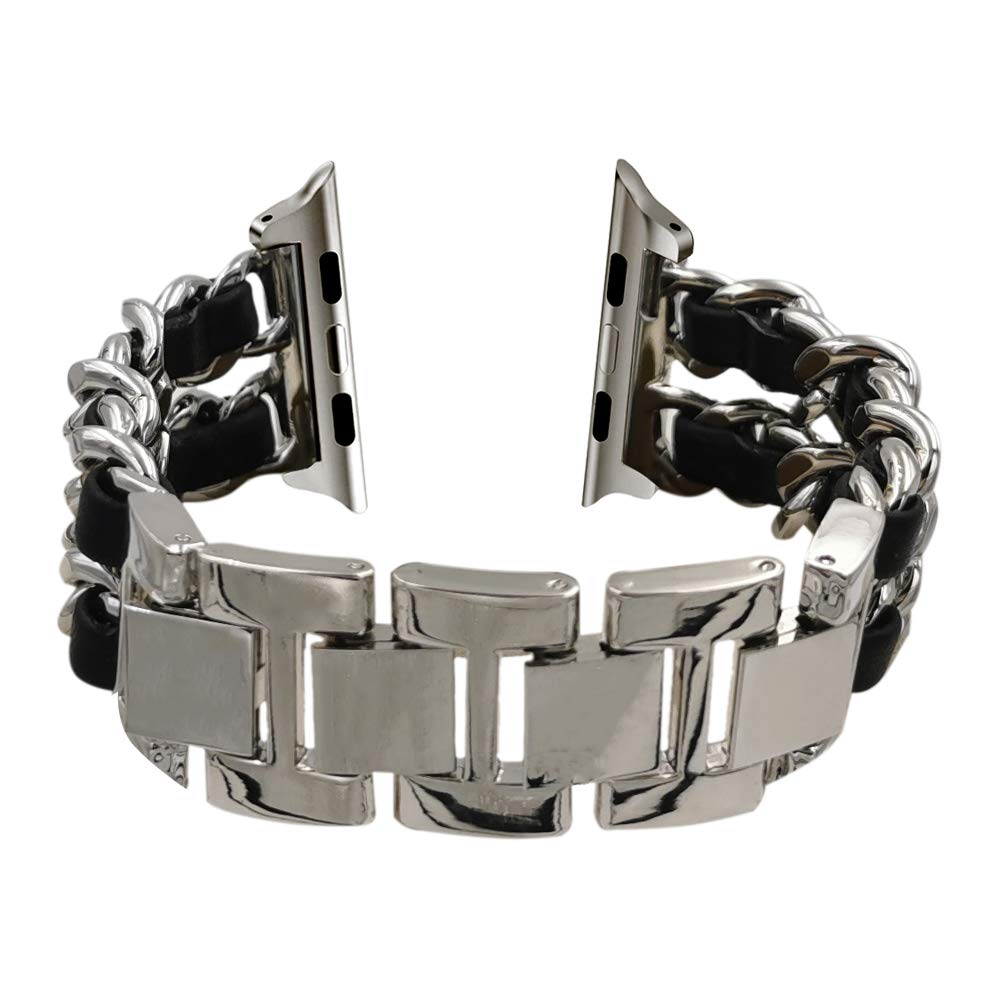 MaKTech Cowboy Style Bracelet Alloy Winding Leather Band Compatible with Apple Watch Series 9/Ultra 2/SE/8/7/2023 (42mm/41mm/40mm,Silver/Black)