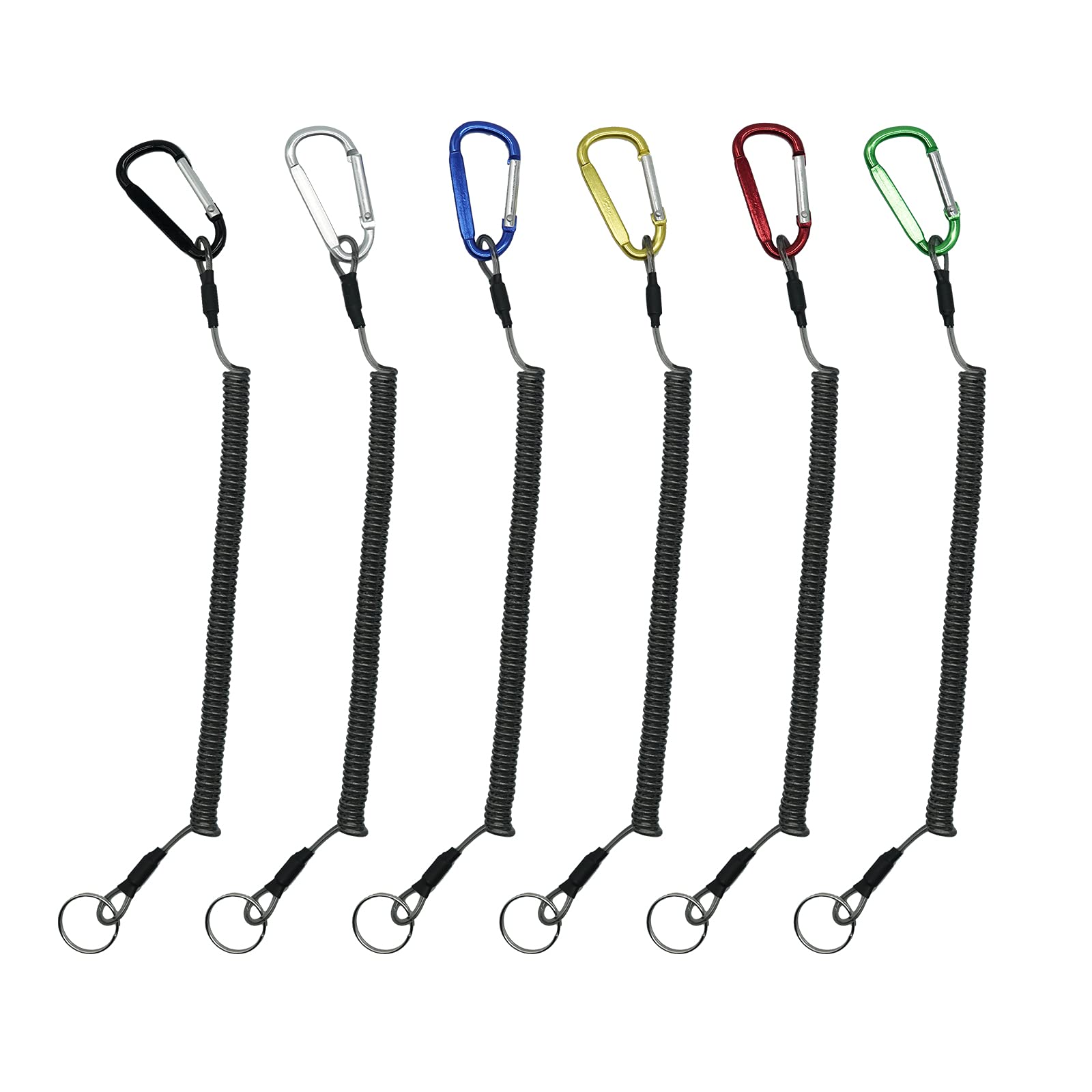 PHTTE Fishing Lanyard 6 Pack, 16cm to 1.5m Retractable Reel Tether, Heavy Duty Fishing Pole Lanyard with Elastic TPU Cord & 7-Strand Steel Wire, Anti-Loss Safety Leash for Fishing Rod, Reel, Pliers