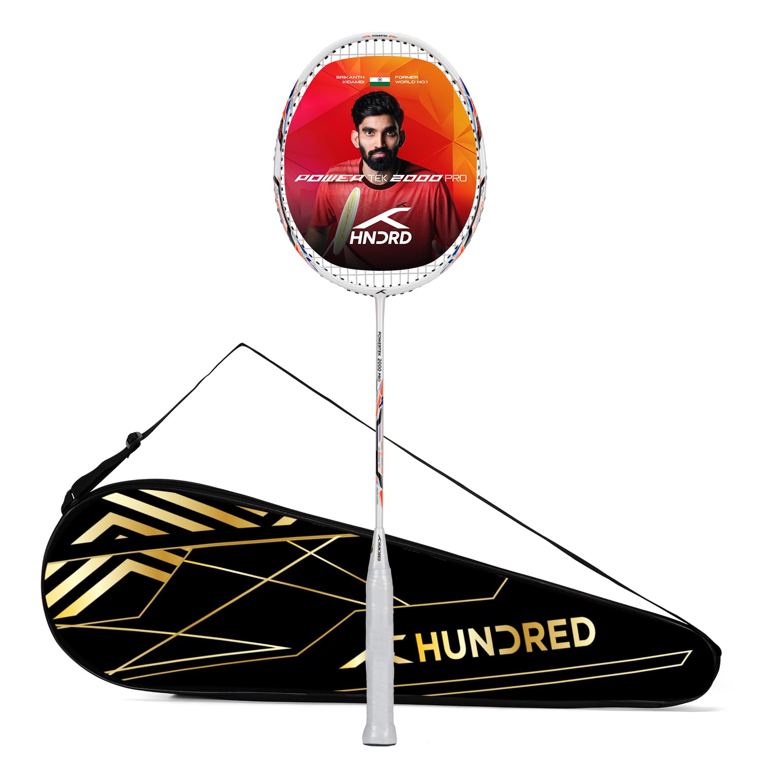 HUNDRED Powertek 2000 PRO Graphite Strung Badminton Racket with Full Racket Cover | For Intermediate Players | Weight: 90 grams | Maximum String Tension - 22-24lbs