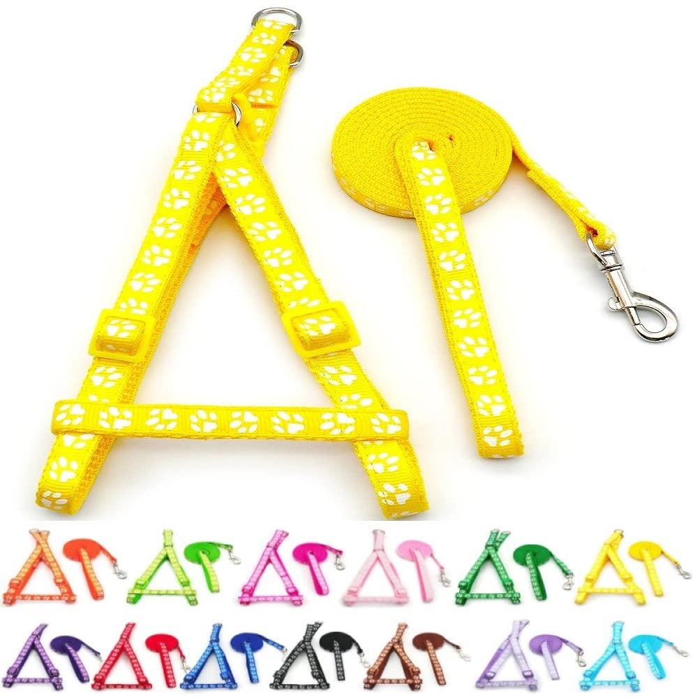 Small Dog Puppy Pet Cat Kitten Harness and Lead Set Pawprint Design Nylon Adjustable Chest Size 21-34cm and 120cm Leash Yellow