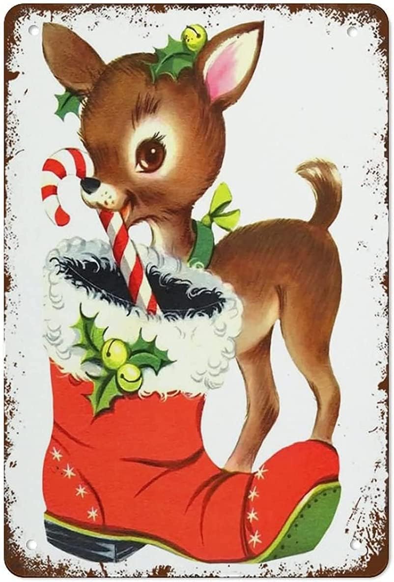 Posters & Prints - Christmas Wall Art,Retro Reindeer,Christmas Wall Art,Vintage Reindeer,Christmas Print,Christmas Decor,Old Pic Christmas Reindeer Retro Metal Tin Sign for Home Coffee Wall Decor 12 x 8 Inch