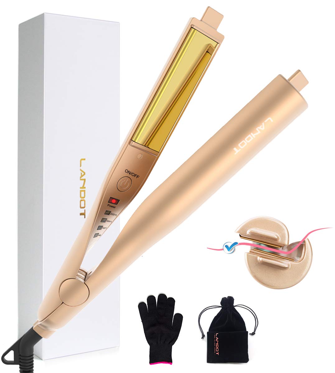 LANDOT Flat Iron for Hair Curling Irons Hair Straightener Twist 2-in-1 Hair Curlers & Straightening Iron Hair Styling Tools Dual Voltages with 3D Concave and Convex Titanium-Plated 1 Inch Color Gold