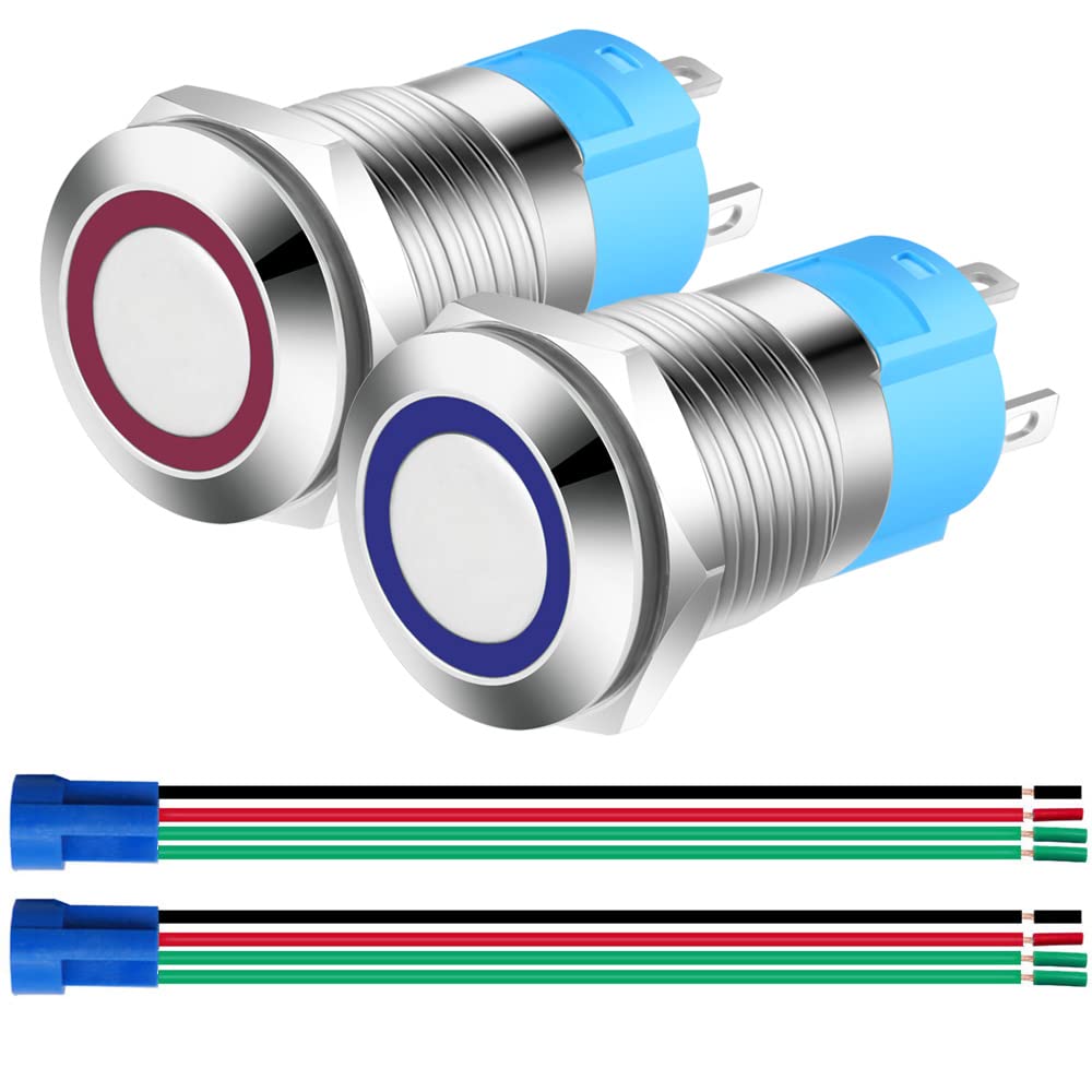 Gebildet 2pcs 0.47 Inch/12mm Stainless Steel Momentary Push Button 12V-24V 3A LED Normally Open SPST ON Off Waterproof Button with Wire Socket Plug (Blue+Red, Each Color 1pc)