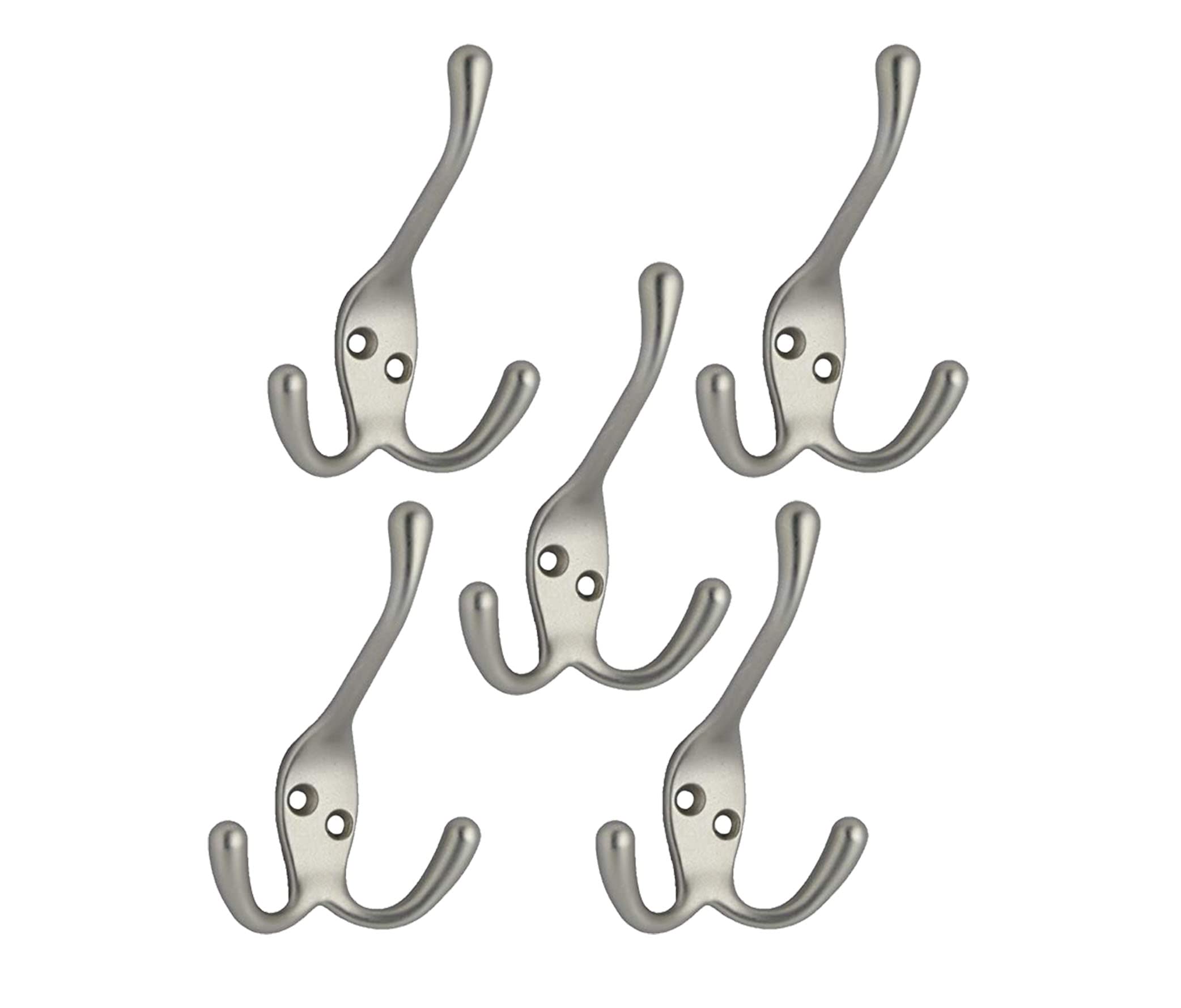 QCAA Premium Quality Coat Hat Hook with Three Prongs, 4", Zinc Die Cast, Satin Nickel, 5 Pack, Made in Taiwan