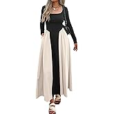 Evzeiem 2026 Spring Maxi Dress for Women Square Neck Long Sleeve Patchwork Ribbed Knit Dress Flowy A Line Dress with Pockets