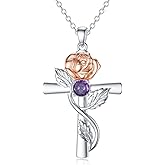 TOUPOP Cross Birthstone Necklace 925 Sterling Silver Birth Flower Necklaces Cross Month Flower Jewelry Birthday Valentines Day Mothers Day Gifts for Her Wife Mom