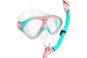 CBSRVMLP Kids Snorkel Set, Dry Top Snorkeling Gear Kids Swimming Goggles, Anti-Fog Tempered Glass Snorkel Mask with Foldable Breathing Tube, 180 Degree Full View Anti-Leak Diving Mask for Age 6-14, Unisex