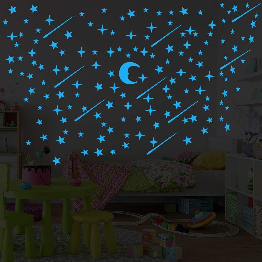 216Pcs Wall Stickers Glow in The Dark, LOPET Realistic Ceiling Star Decals Room Decoration with 205 Stars & 10 Meteor & Moon for Kids Bedroom Decoration Holiday Gift (Blue Light)