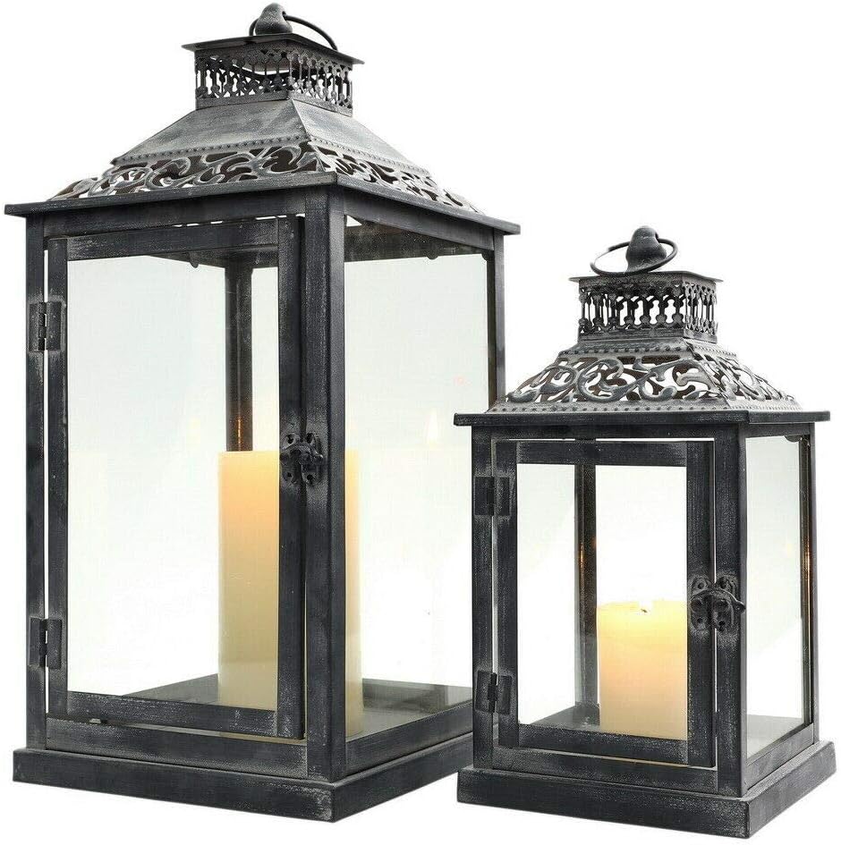 JHY DESIGN Set of 2 Antique Grey Brush Decorative Lanterns, Metal Candle Lanterns for Indoor Outdoor, Events, Paritie and Weddings Vintage Style Hanging Lantern: Furniture & Decor