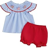 Doisbetthsay 4th Of July Outfits For Toddler Girls Baby USA Smocked Tops T-Shirt Shorts Set Summer Fourth Of July Clothe