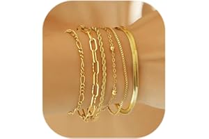 Wgoud Waterproof Gold Bracelets for Women Trendy, Dainty 14K Real Gold Plated Fashion Stackable Bracelet Sets for Women Thin Cuban Link Paperclip Chain Bracelets Layered Gold Jewelry Sets Gifts for Womens
