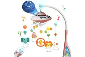 Eners Baby Crib Mobile with Music and Lights, Mobile for Crib with Remote Control, Rotation, Moon and Star Projection, Baby Crib Toys for Boys Girls (Pink)