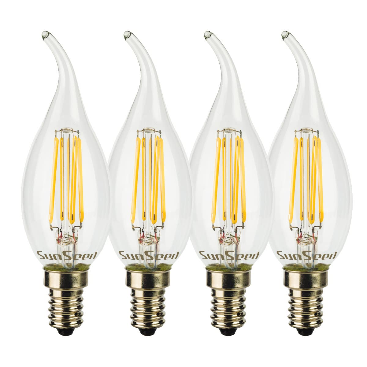 SUNSEED 4 X E14 6W (Equivalent to 60W) Sapphire Filament LED Flame Light Bulb C35TA Neutral White 4000K