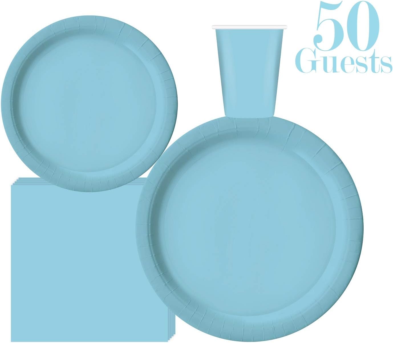 Serves 50 | Complete Party Pack | Light Blue | 9" Dinner Paper Plates | 7" Dessert Paper Plates | 9 oz Cups | 3 Ply Napkins | Baby Shower ,office parties, birthday parties, festivals, Light Blue Party Theme