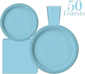 Serves 50 | Complete Party Pack | Light Blue | 9" Dinner Paper Plates | 7" Dessert Paper Plates | 9 oz Cups | 3 Ply Napkins | Baby Shower ,office parties, birthday parties, festivals, Light Blue Party Theme