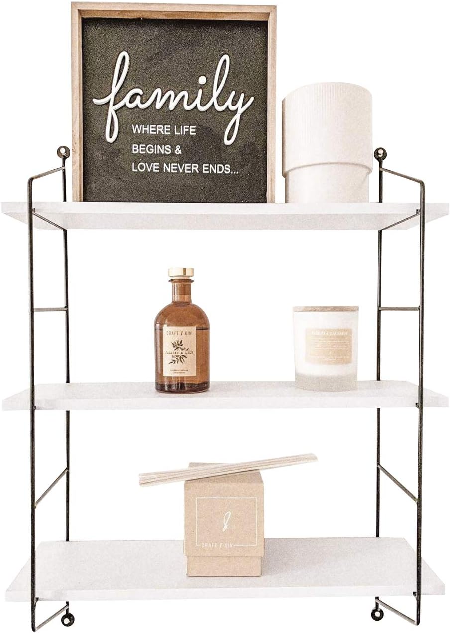 3 Tier Floating Shelves Metal Brackets Wall Mounted Shelves for Living Room Bedroom Office Kitchen Decor Hanging Shelf, White