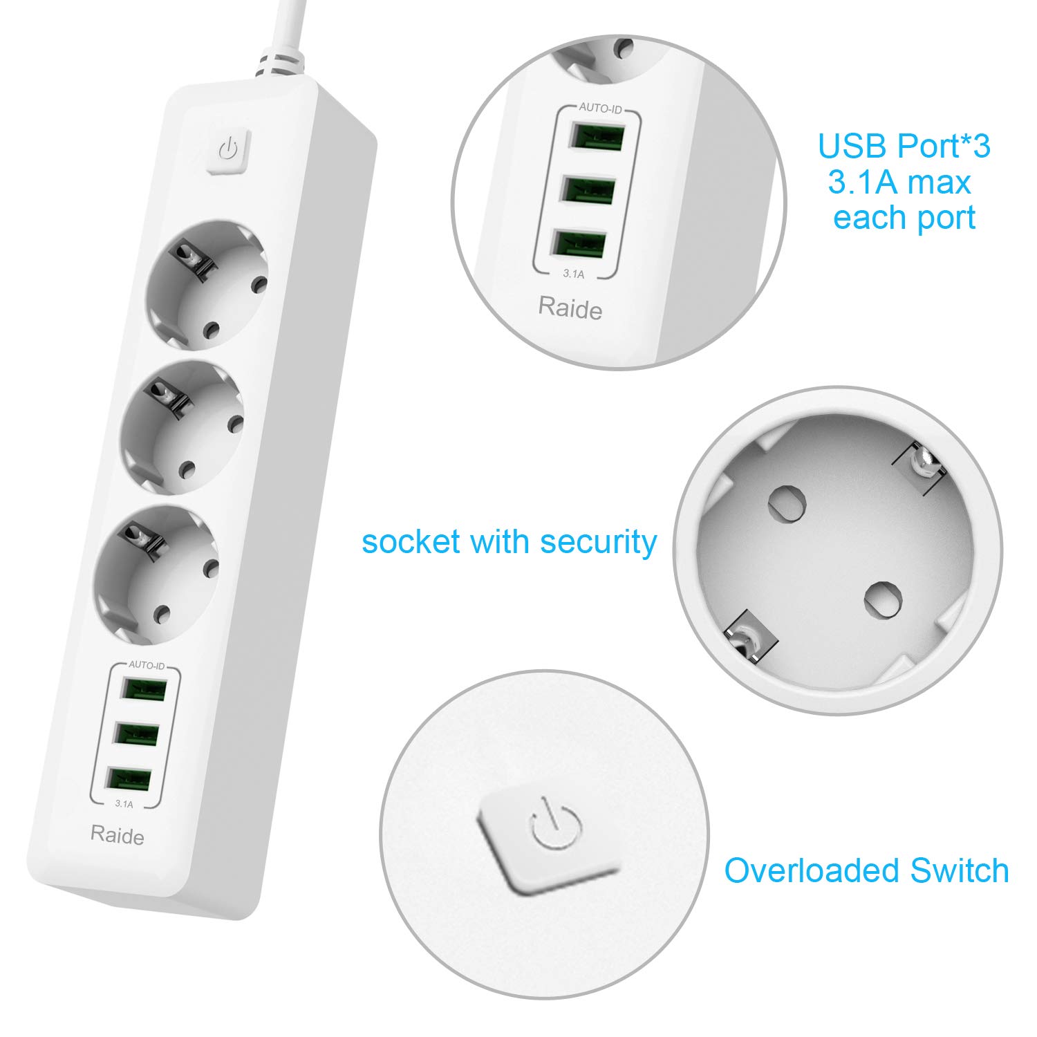 Ciabatta Multipresa 2 Metri Con 4 USB: 3 Prese + 2 USB-C (65W PD) E 2 USB-A, Caricatore Veloce GaN, Protezione Bambini