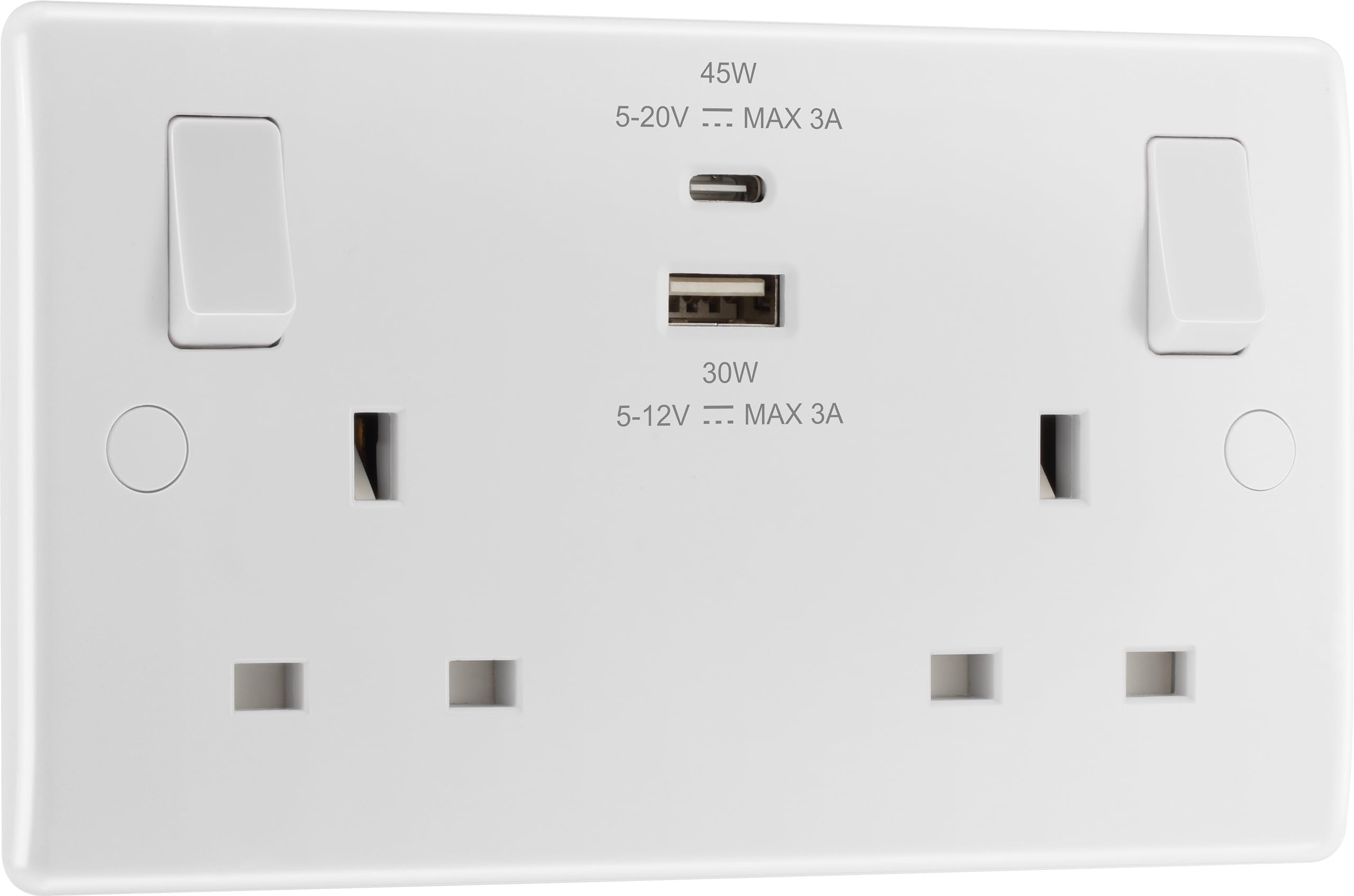 BG Electrical 45W Double Switched Power Wall Plug Socket with Super Fast Charge Type A & C USB Charging Ports, Round Edge, Nexus 800 Series, White Moulded, 13A, 822UAC45