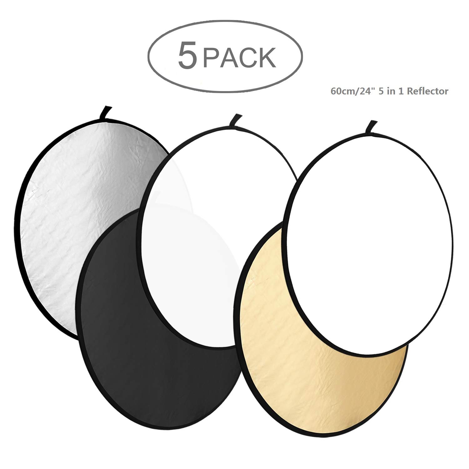 WAAO 24-Inch 60cm 5 in 1(Gold, Silver, White, Black and Translucent) Portable Photography Studio Multi Photo Disc Collapsible Light Reflector